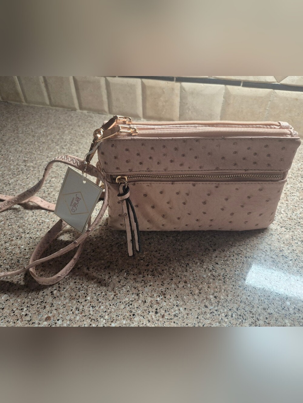 Jen & Co Pale Pink Ostrich-Embossed Crossbody Bag